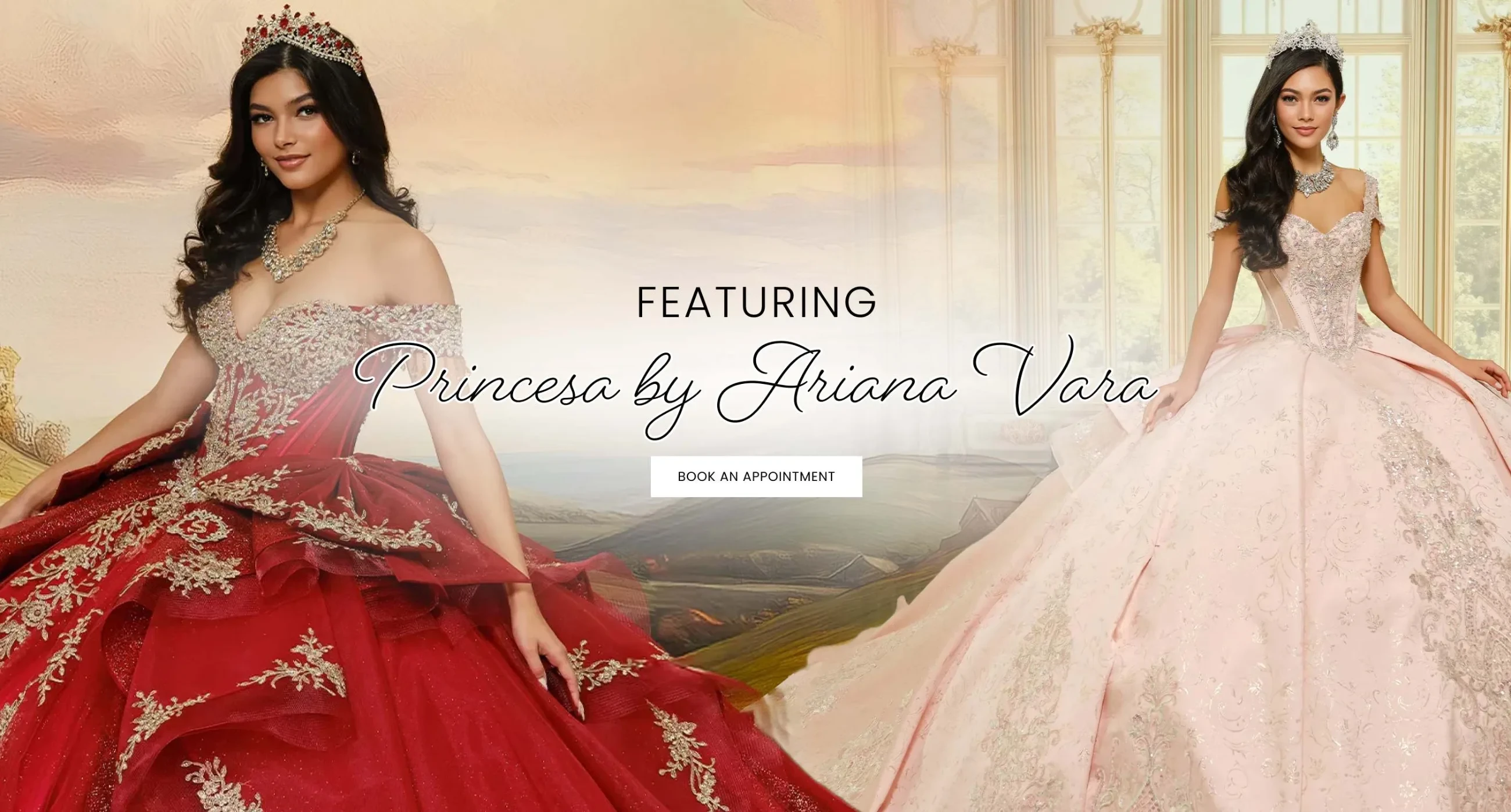 Models wearing quinceanera gowns, desktop banner