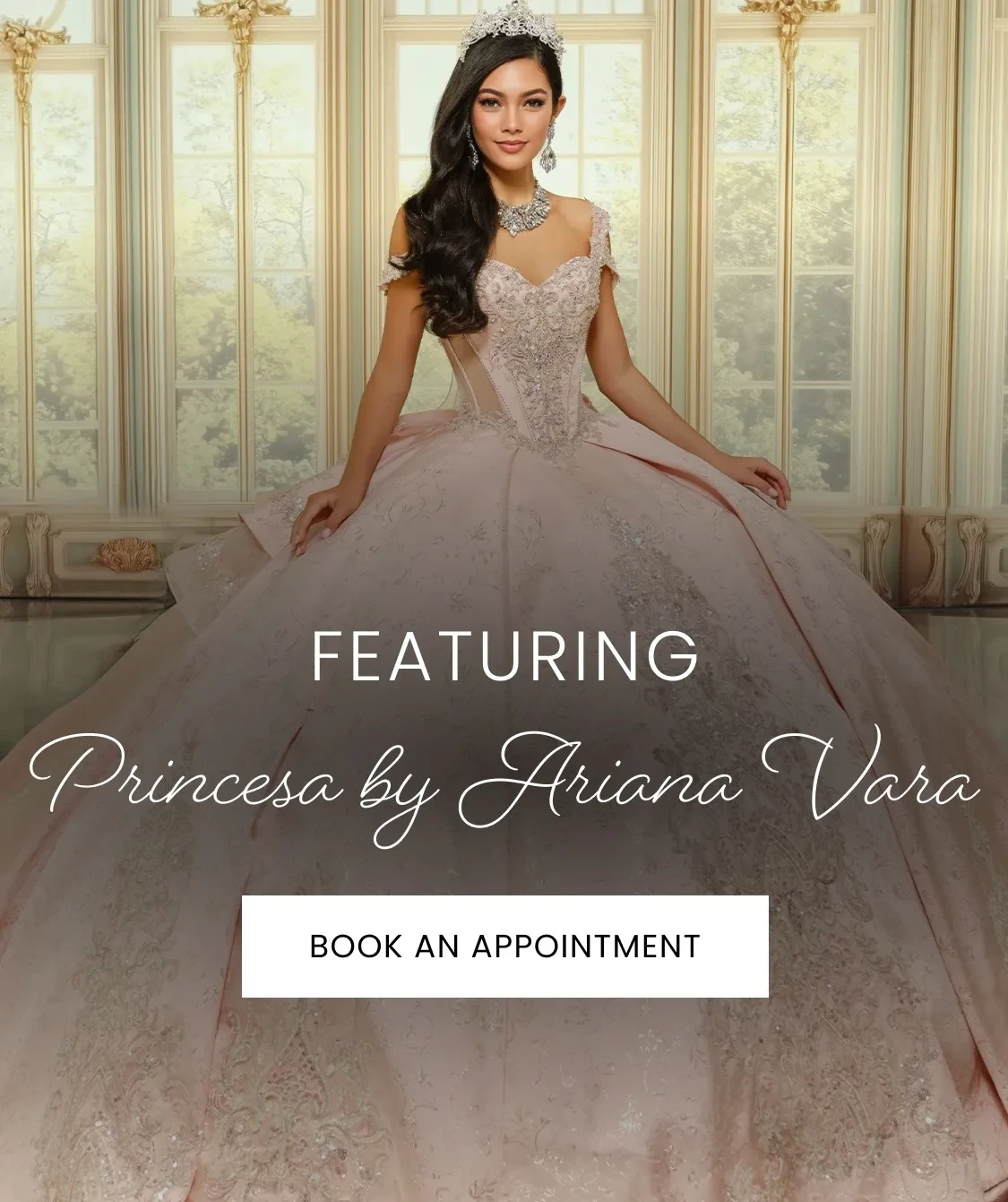 Models wearing quinceanera gowns, mobile banner