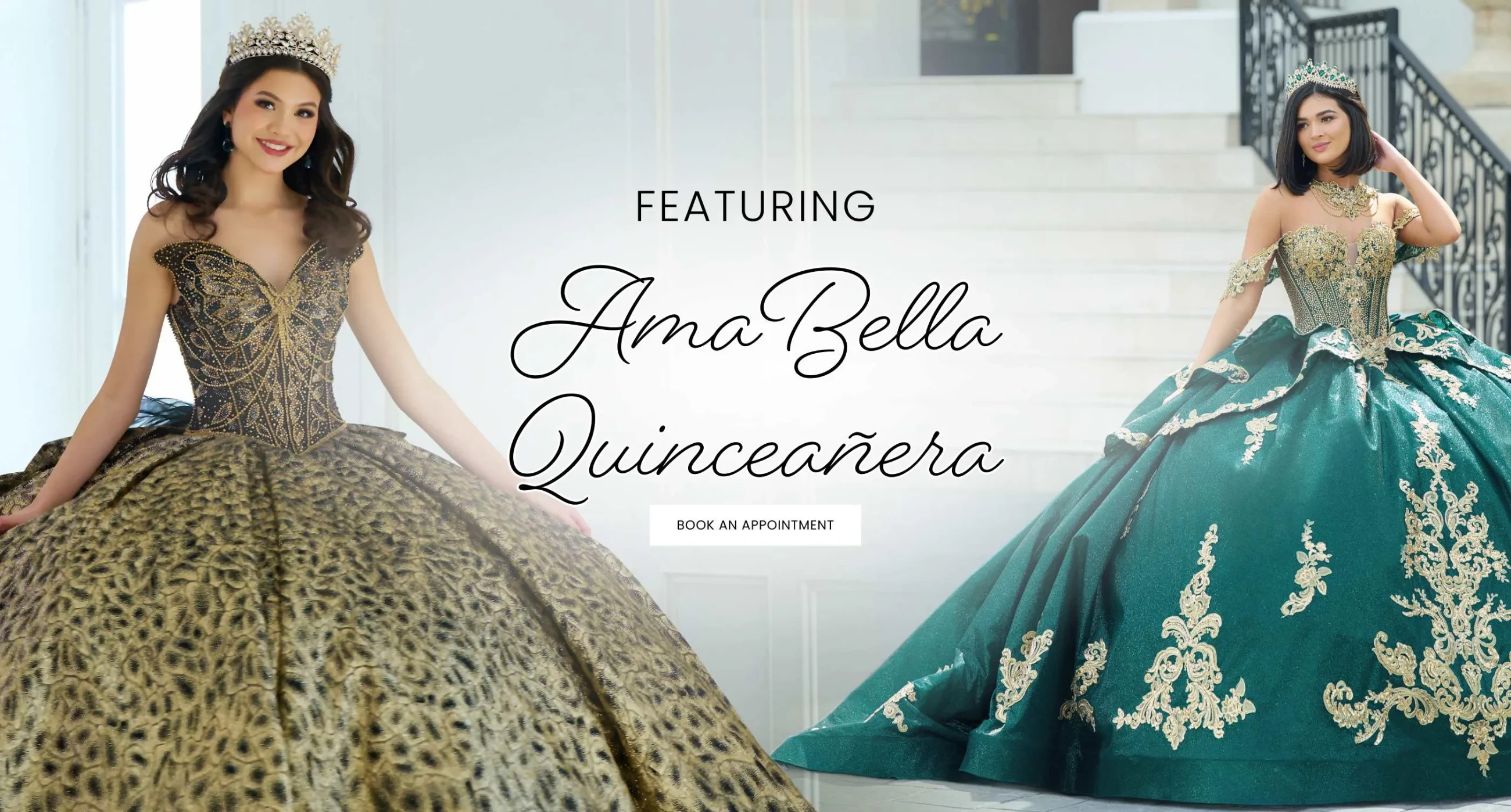 Models wearing AmaBella quinceanera gowns, desktop banner