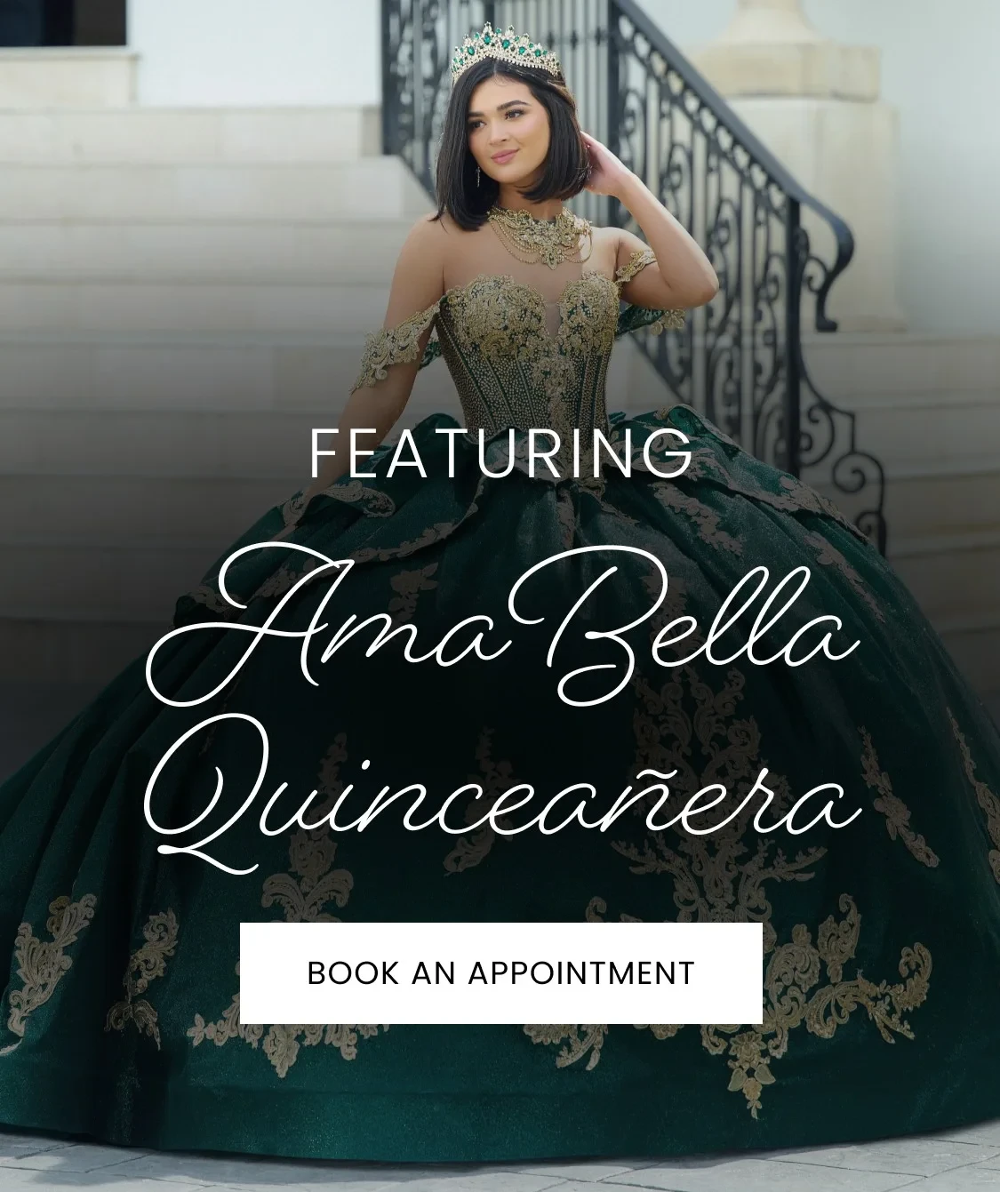 Model wearing AmaBella quinceanera gown, mobile banner