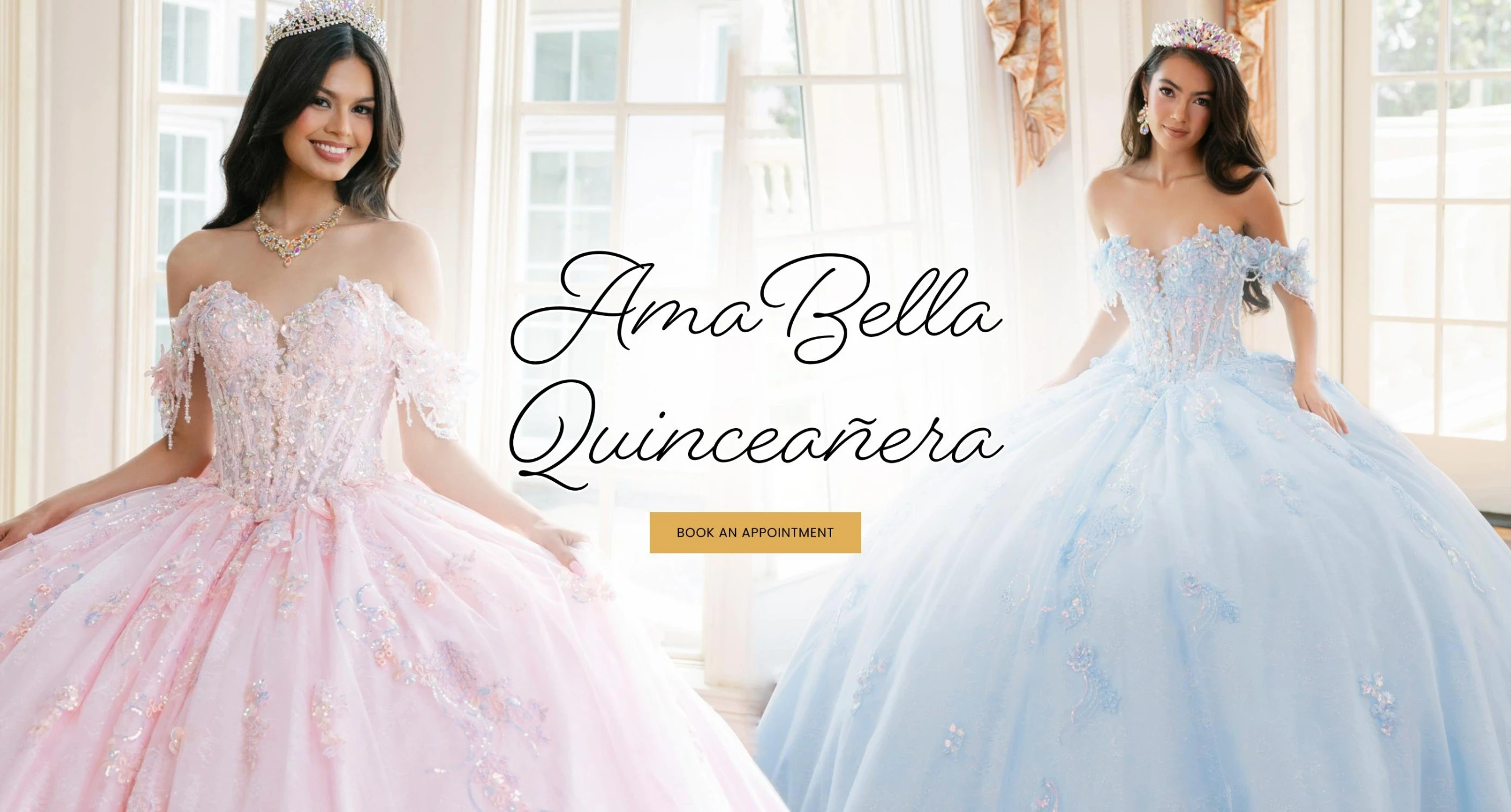 Models wearing Amabella Quinceanera dresses, desktop banner