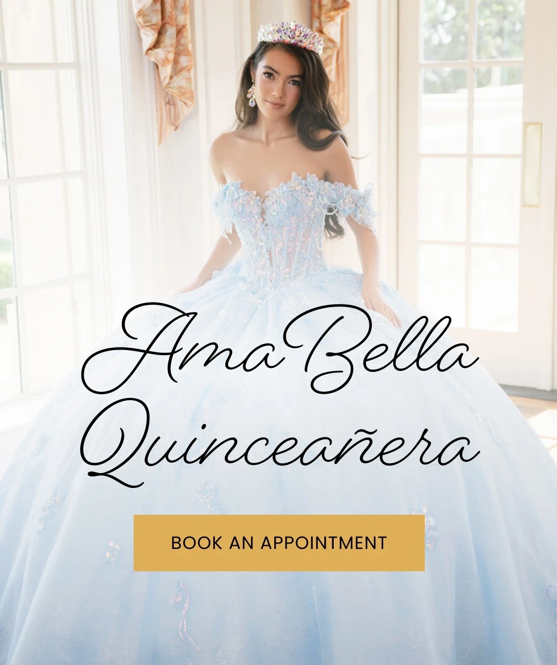 Model wearing Amabella Quinceanera dress, mobile banner