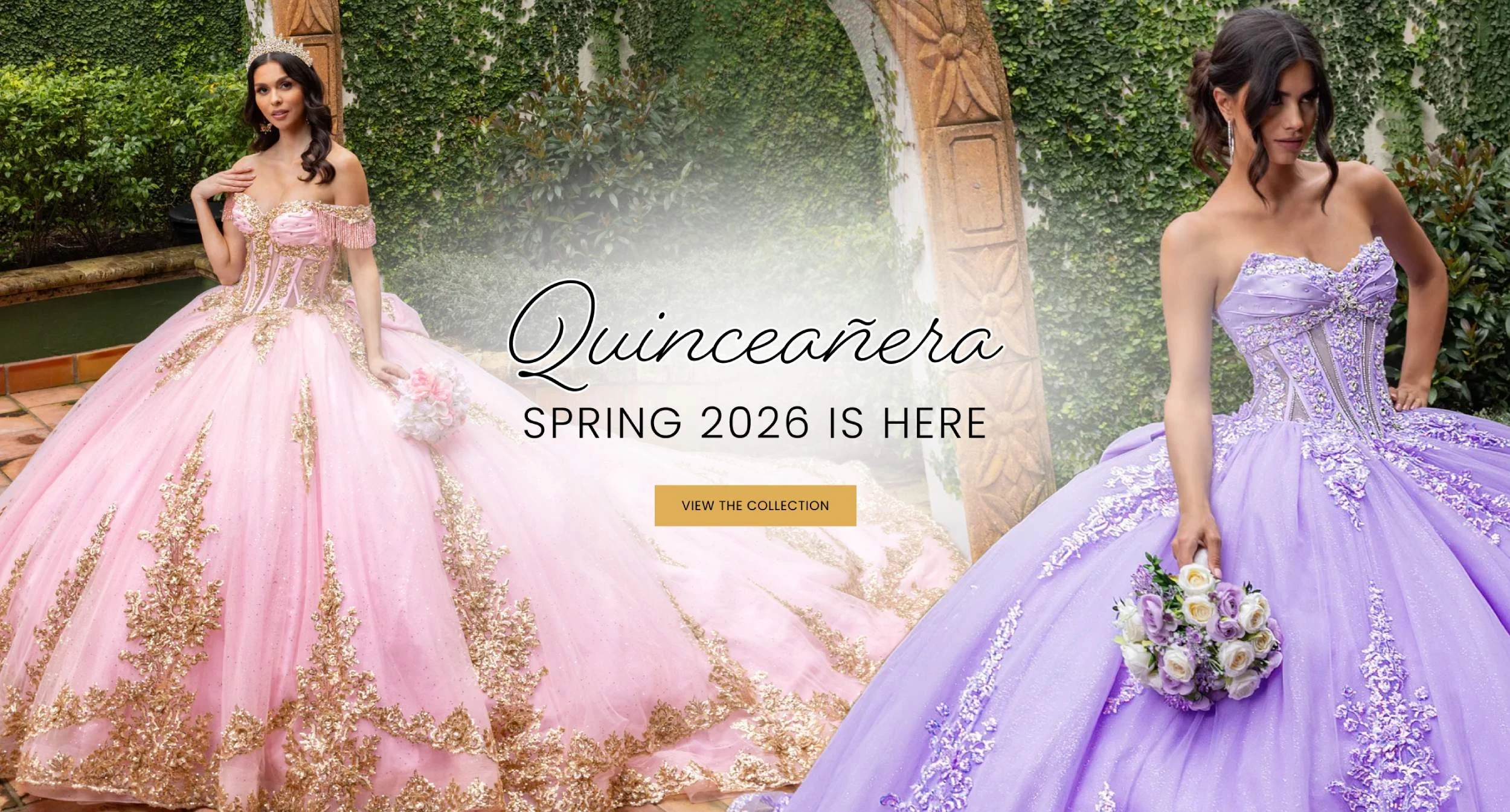 Models wearing Quinceanera dresses, spring 2026 quince desktop banner