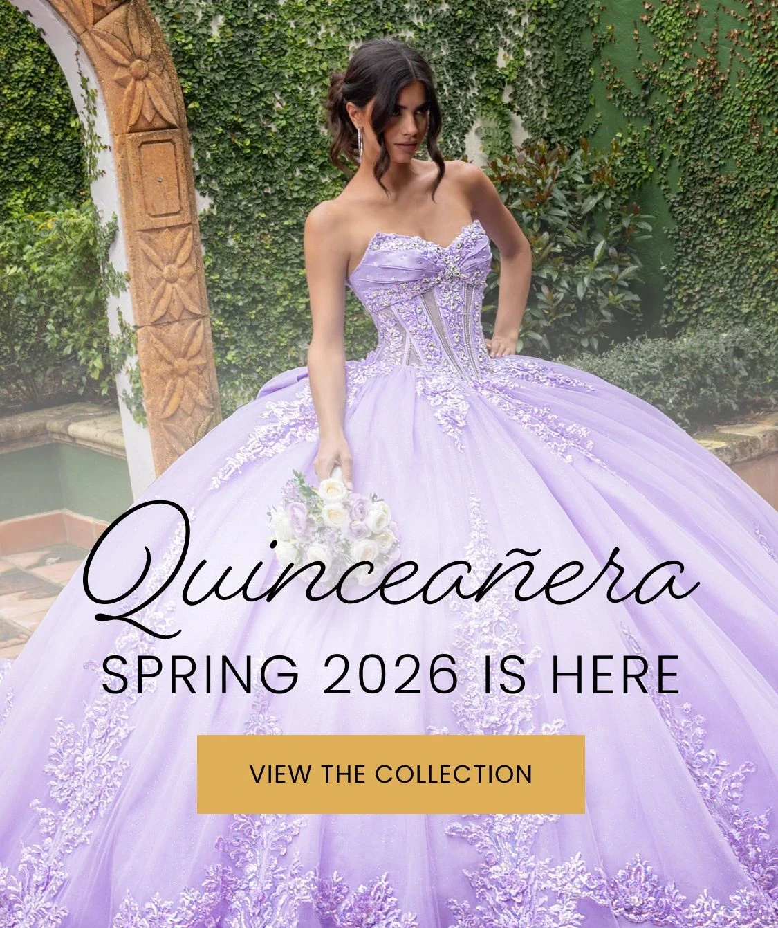 Model wearing Quinceanera dress, spring 2026 quince mobile banner