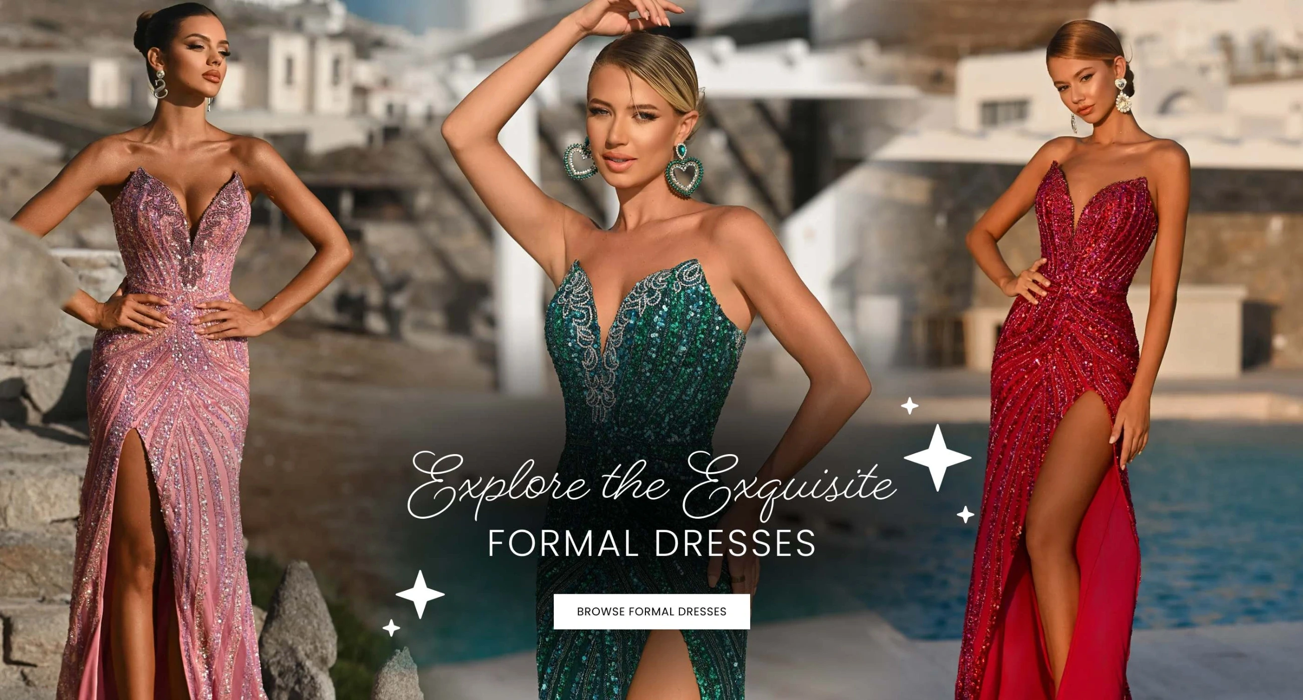 Models wearing Portia and Scarlett formal dresses, desktop banner