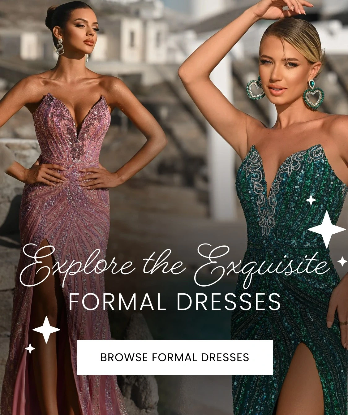 Models wearing Portia and Scarlett formal dresses, mobile banner