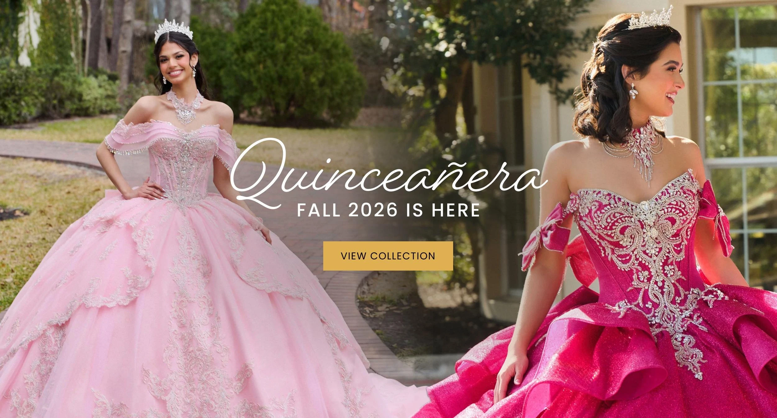 Models wearing Fall 26 Quinceanera dresses, desktop banner