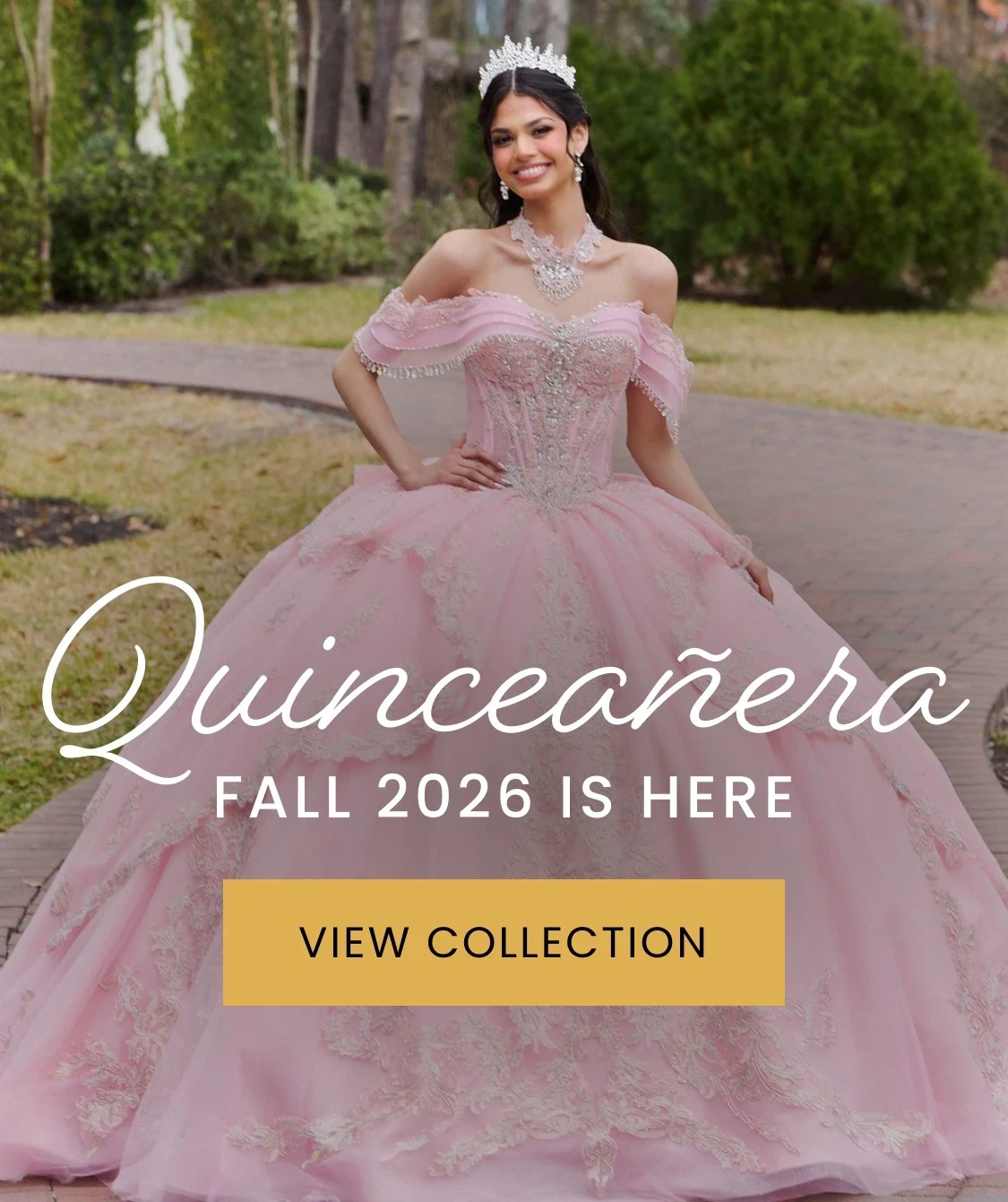 Model wearing Fall 26 Quinceanera dress, mobile banner