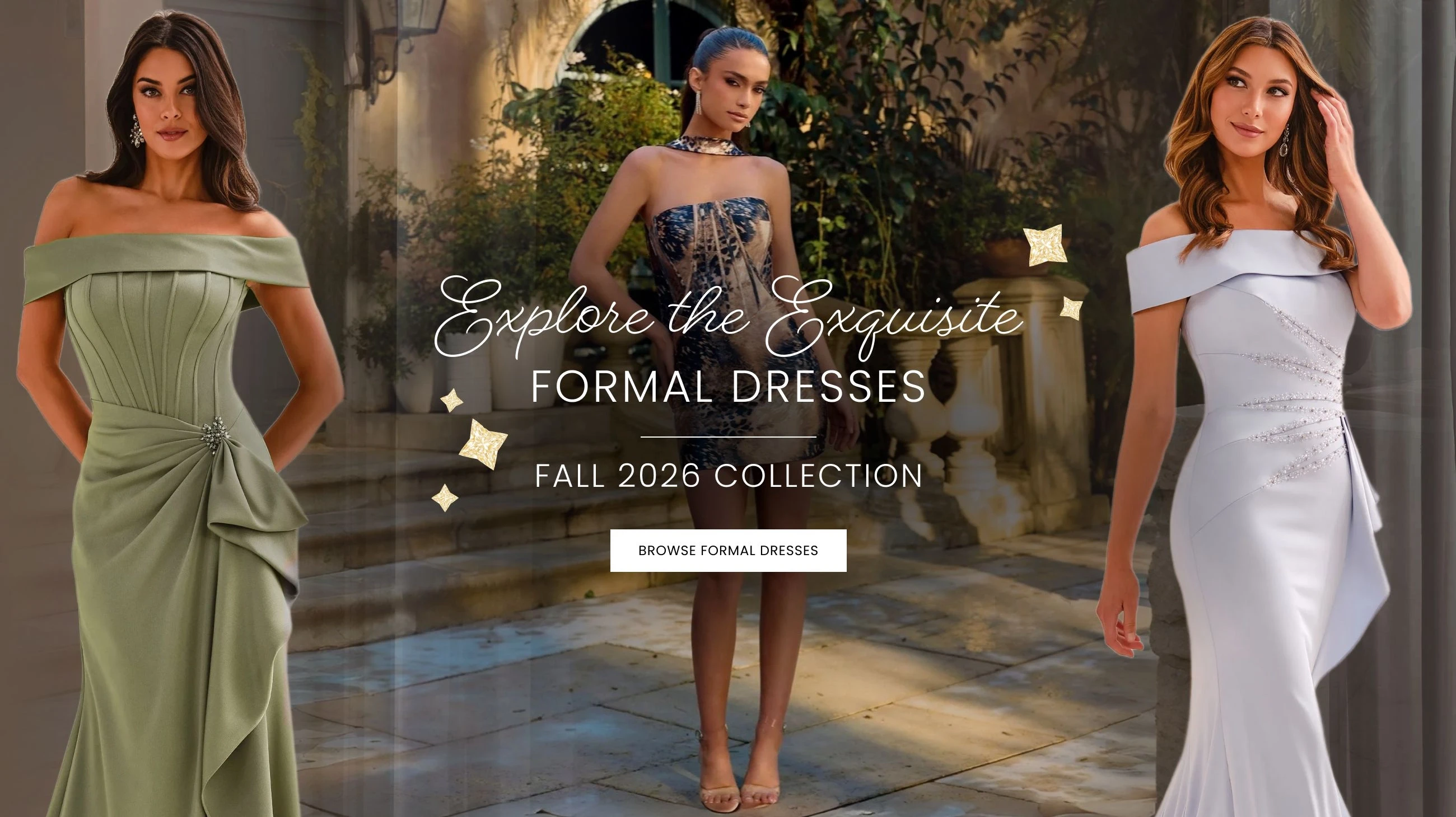 Models wearing Fall 2026 collection formal dresses, desktop banner