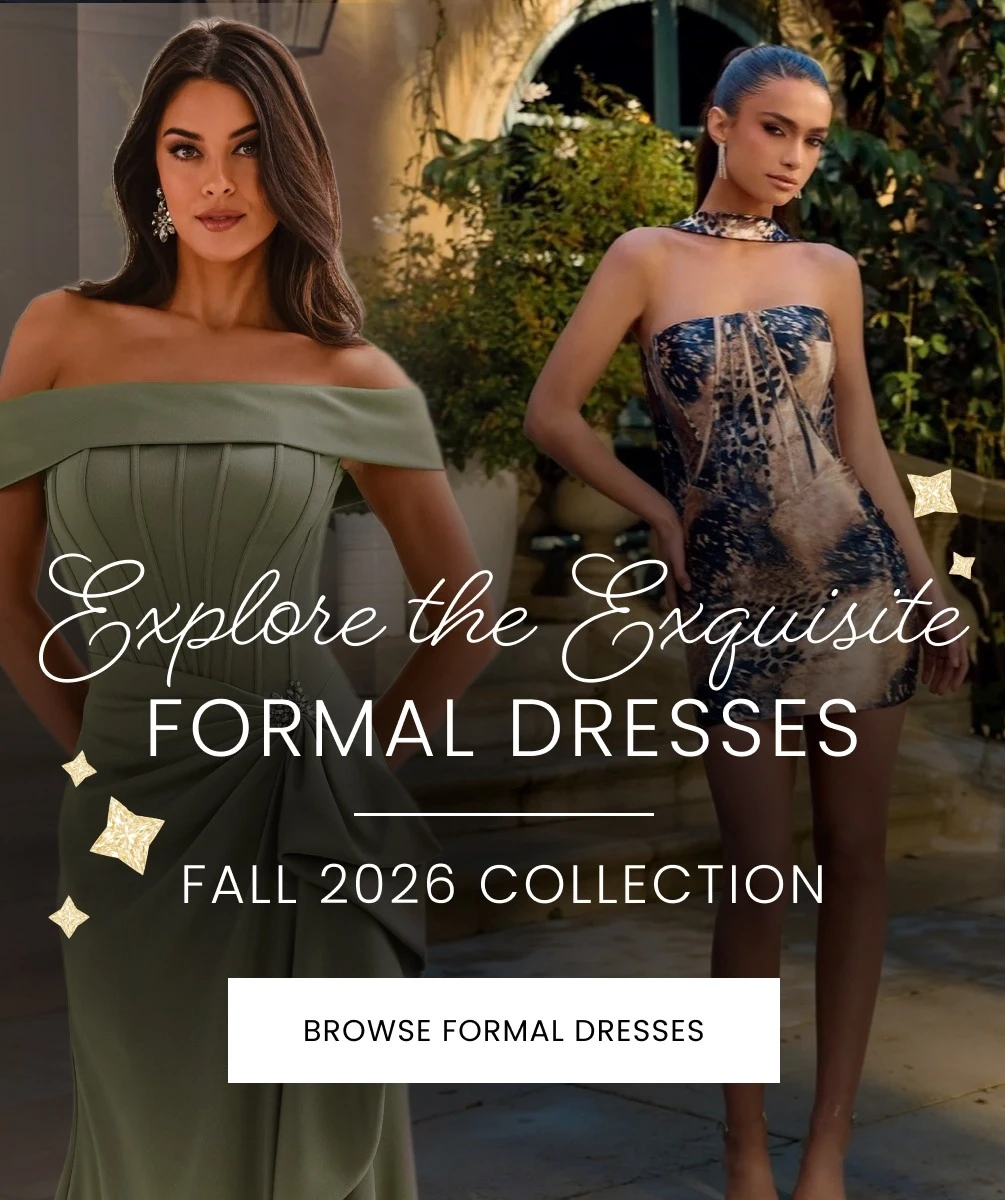 Models wearing Fall 2026 collection formal dresses, mobile banner