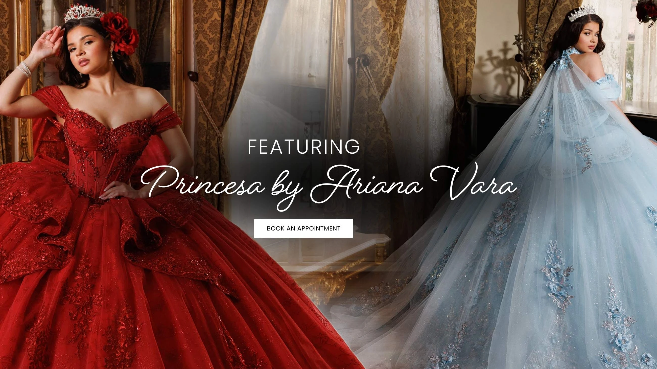 Models wearing Princessa by Ariana Vara quinceanera gowns, desktop banner