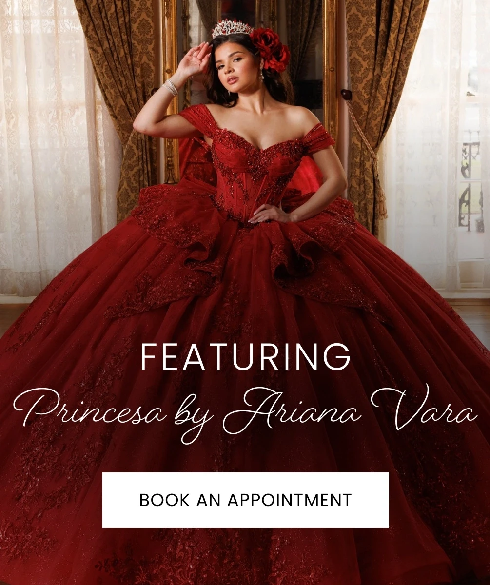 Model wearing Princessa by Ariana Vara quinceanera gown, mobile banner
