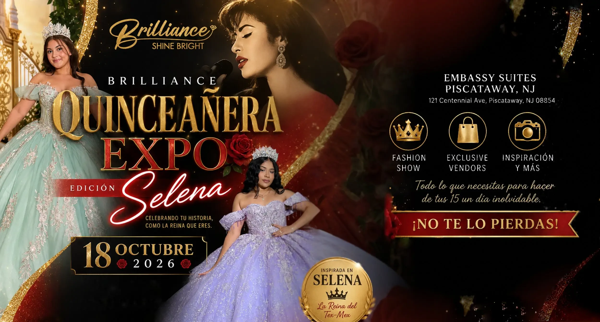 Models wearing Quinceanera dresses, Quince Expo on October 18 desktop banner